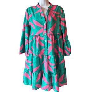 Tiered Button Front Boho Dress Estimated Size Medium Green Pink Tropical Print
